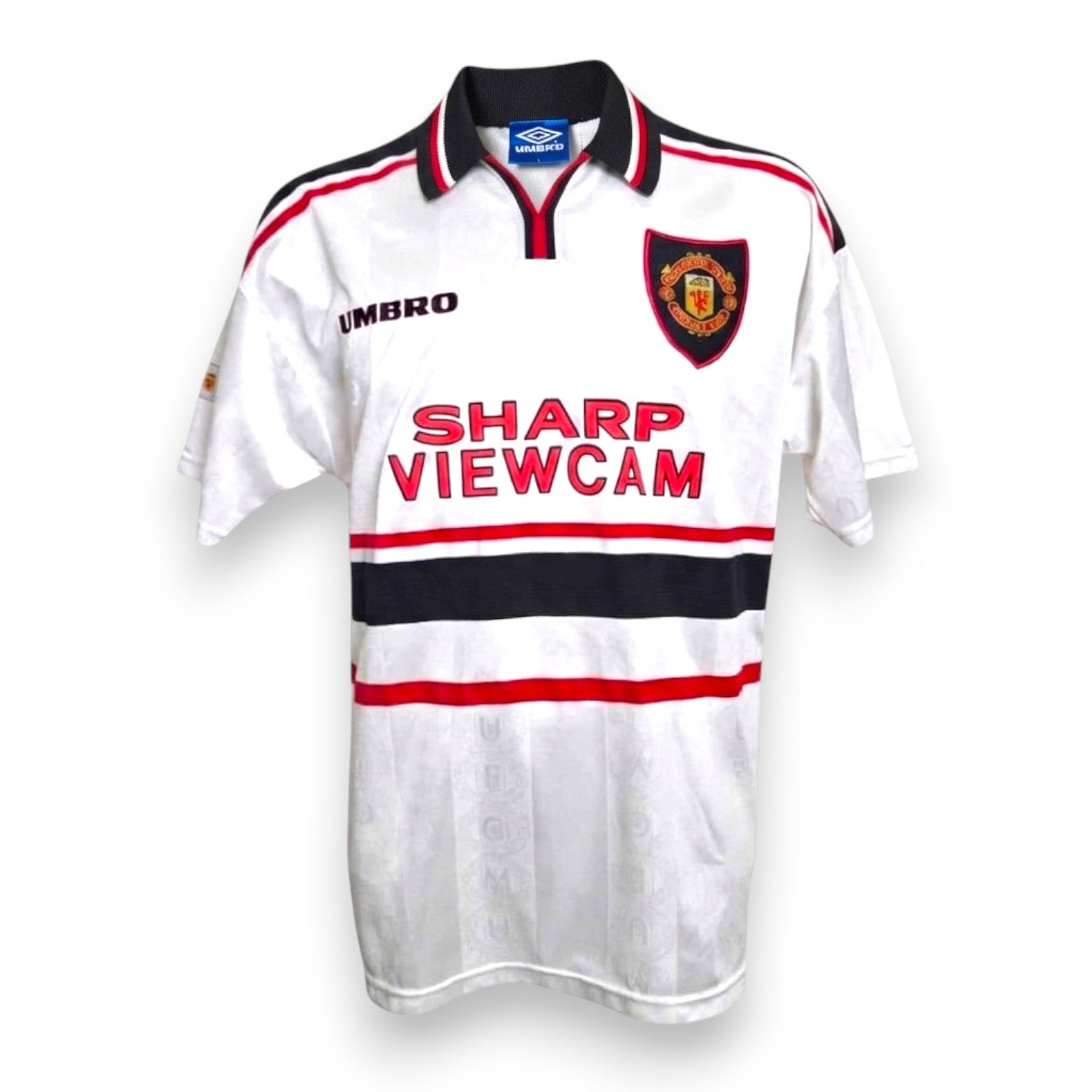 Maglia Manchester United Away 1998-99 Beckham numero 7 – Umbro – sponsor Sharp Viewcam bianca – taglia L condizioni Excellent vintage