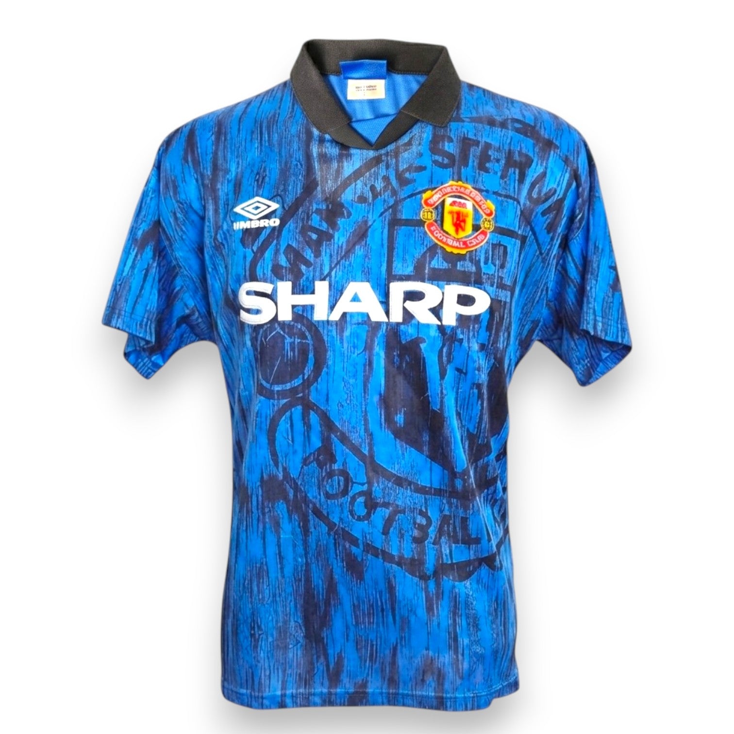 Maglia Manchester United Away 1992-93 Cantona numero 7 – Umbro – sponsor Sharp design blu snakeskin – taglia M condizioni Excellent vintage