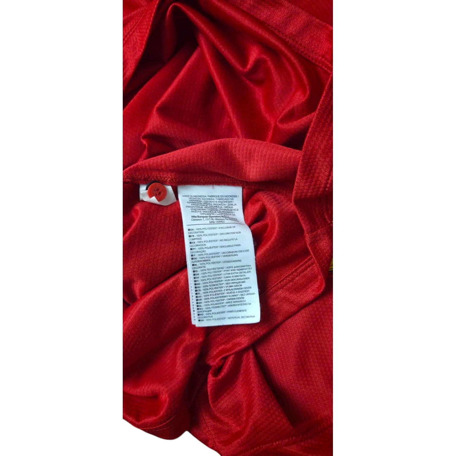 Dettaglio etichetta interna maglia Manchester United 2013-14 Nike – 100% poliestere Made in Indonesia Dri-FIT