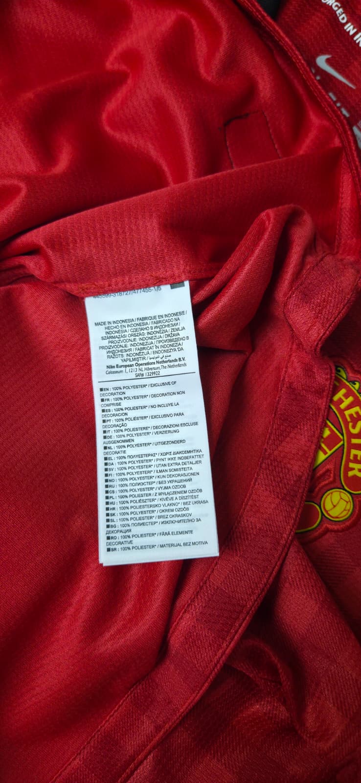 Dettaglio etichetta interna maglia Manchester United 2012-13 Nike – 100% poliestere Made in Indonesia Dri-FIT