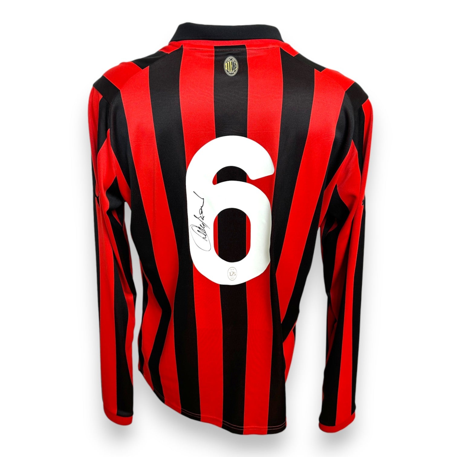Retro maglia Milan 125° Anniversario numero 6 bianco – autografo originale Franco Baresi pennarello nero