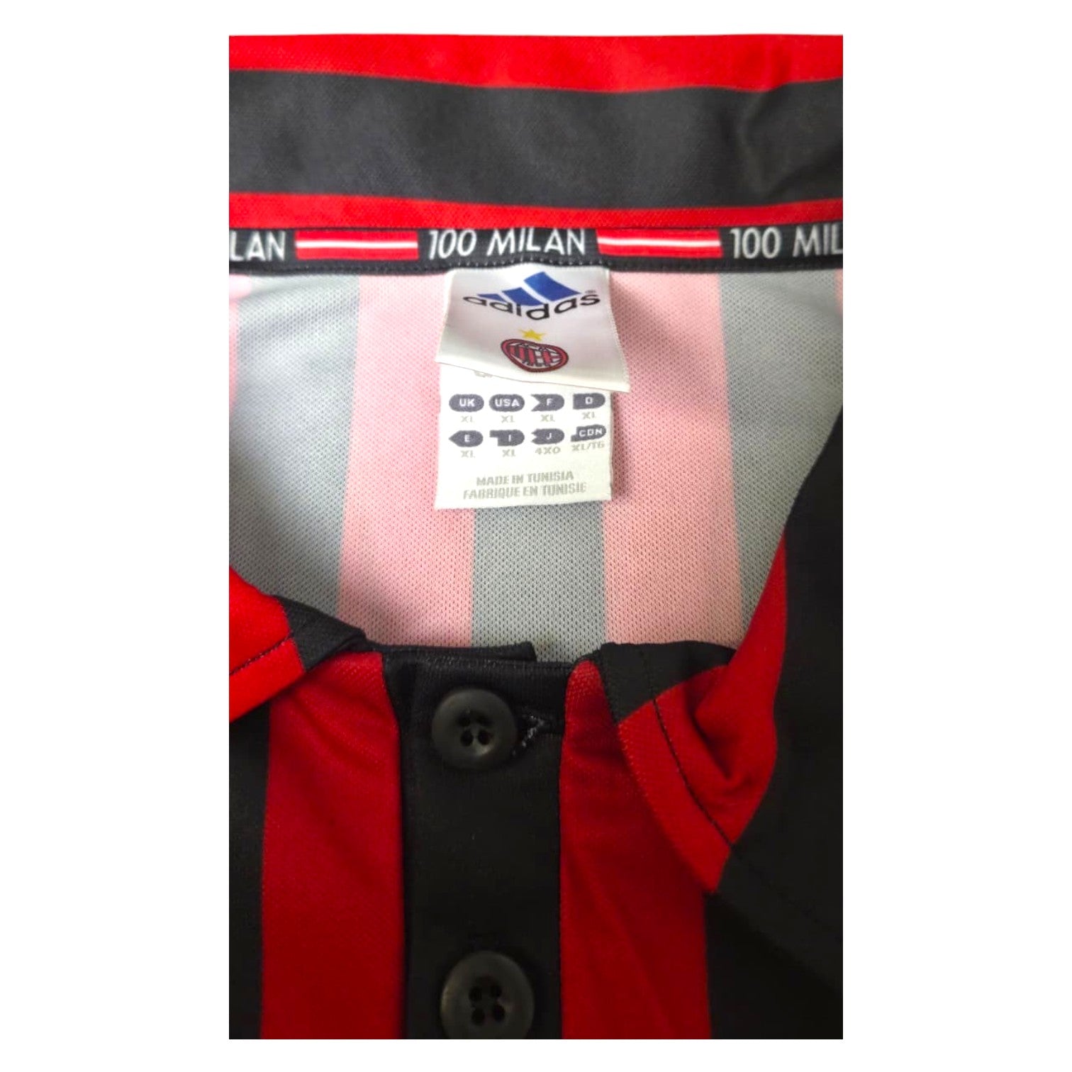 Etichetta interna maglia Milan Centenario 1999-00 Adidas Replica ufficiale – taglia XL – made in Tunisia