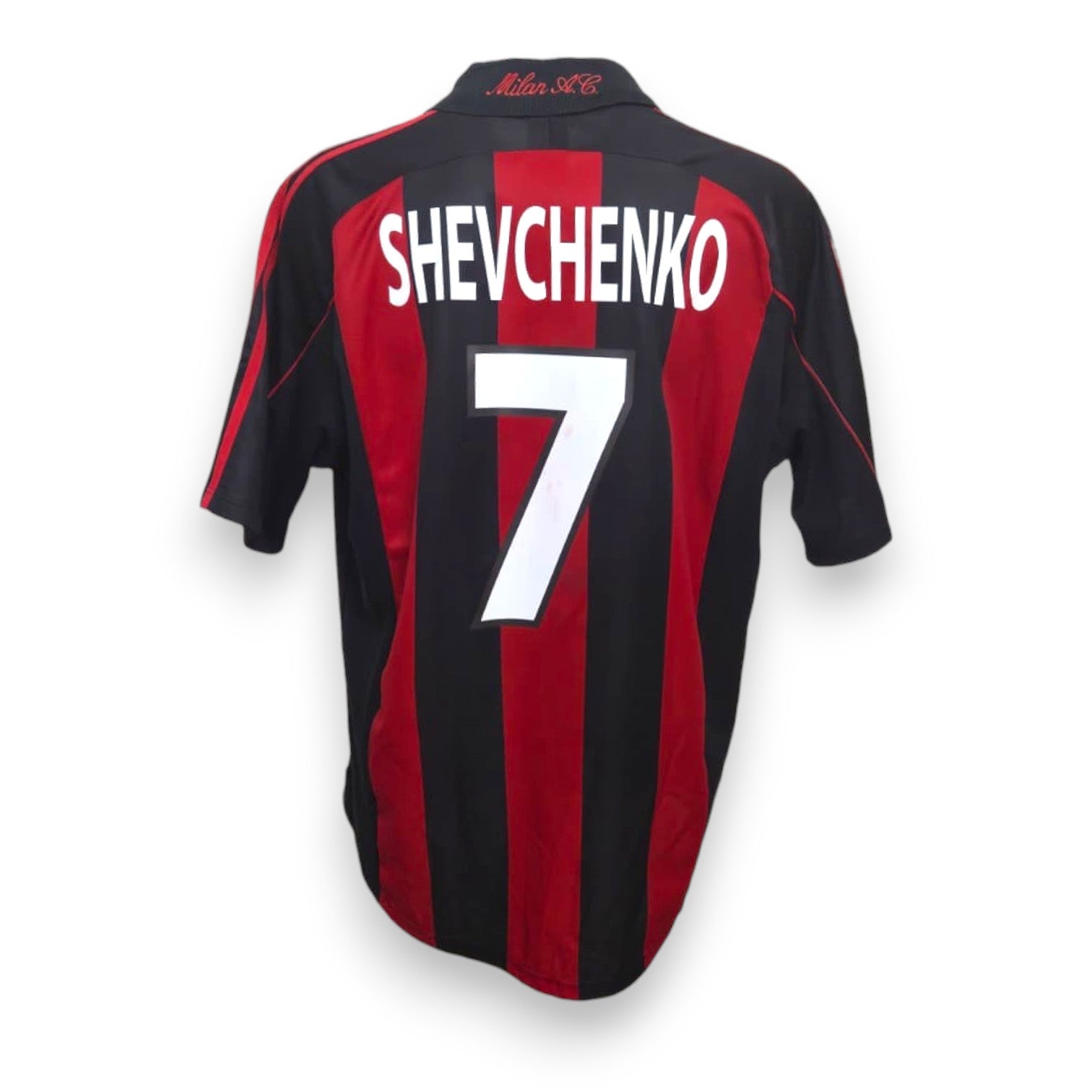 Retro maglia Milan 2000-01 numero 7 Shevchenko – nameset replica – colletto Milan A.C. – righe rossonere Adidas