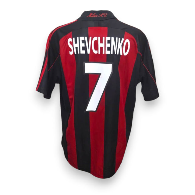Retro maglia Milan 2000-01 numero 7 Shevchenko – nameset replica – colletto Milan A.C. – righe rossonere Adidas