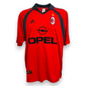 Maglia Milan Third 2001/02 rossa Adidas Opel autografata Paolo Maldini taglia XL versione Store stemma AC Milan stella dorata colletto polo nero patch Lega Calcio – fronte completo