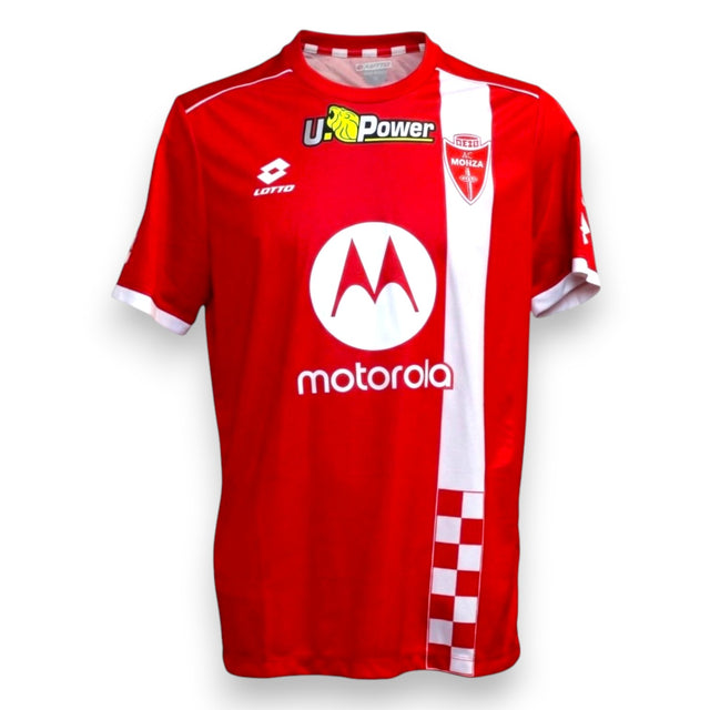 Maglia AC Monza Home 2023/24 Gagliardini autografata fronte – Lotto rossa banda bianca a scacchi sponsor Motorola U-Power stemma Monza