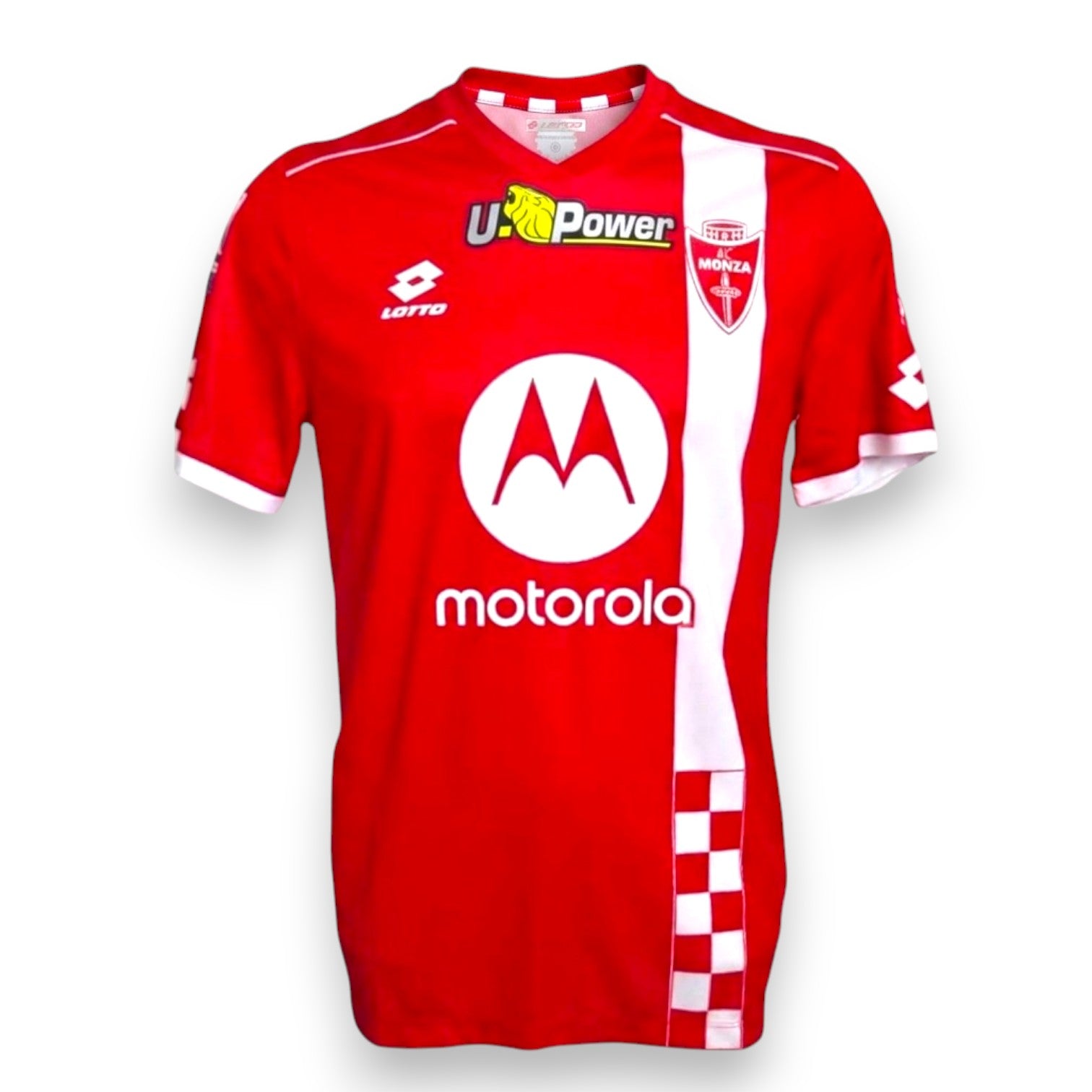 Maglia AC Monza Home 2023-24 Player Issued Matteo Pessina numero 32 – Lotto – sponsor Motorola – banda bianca e scacchi