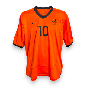 Maglia Olanda Home Euro 2000 Vintage Bergkamp numero 10 Nike arancione – stemma KNVB e collo a V navy