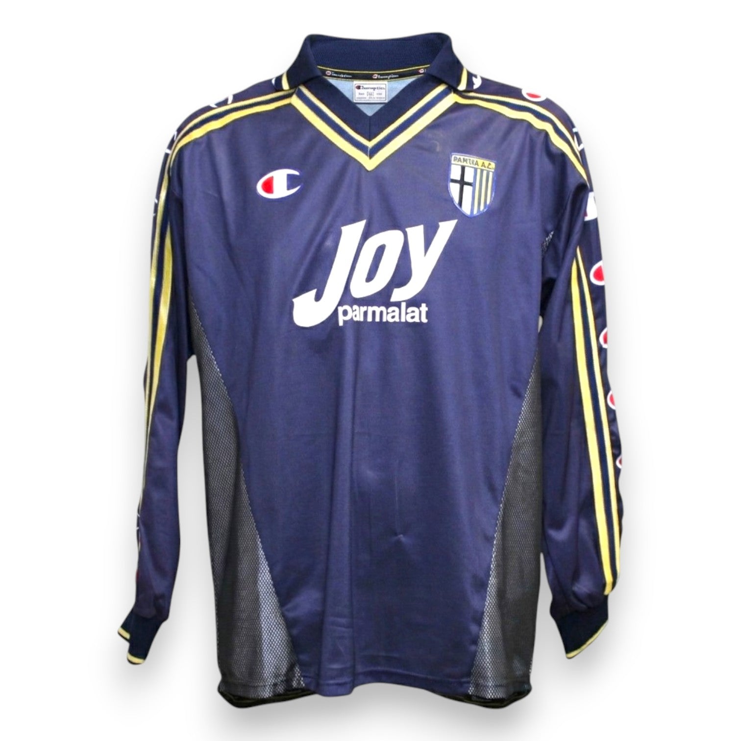 Maglia Parma Away 2001/02 Ferrari Player Issued autografata fronte – Champion blu navy sponsor Joy Parmalat stemma Parma colletto polo