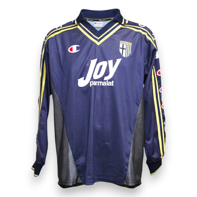 Maglia Parma Away 2001/02 Ferrari Player Issued autografata fronte – Champion blu navy sponsor Joy Parmalat stemma Parma colletto polo