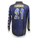 Retro maglia Parma Away 2001/02 numero 21 Ferrari oro blu – autografo con dedica e annotazione finale Coppa Italia Juve-Parma Champion