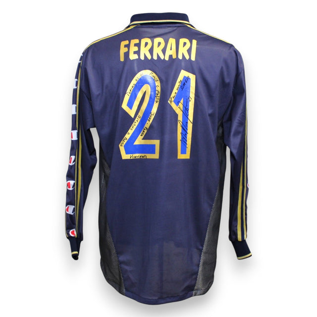 Retro maglia Parma Away 2001/02 numero 21 Ferrari oro blu – autografo con dedica e annotazione finale Coppa Italia Juve-Parma Champion