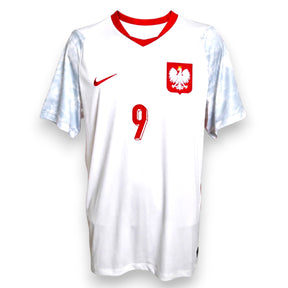 Maglia Polonia Home 2026 Lewandowski numero 9 Nike bianca – stemma aquila e maniche effetto marmo grigio