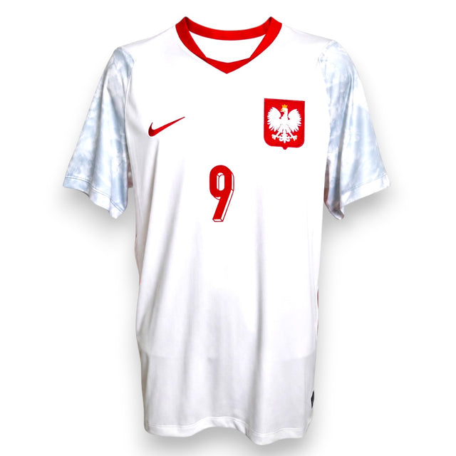 Maglia Polonia Home 2026 Lewandowski numero 9 Nike bianca – stemma aquila e maniche effetto marmo grigio