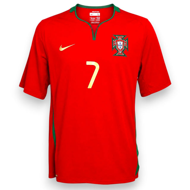 Maglia Portogallo Home 2008 Cristiano Ronaldo numero 7 Nike rossa – stemma FPF e swoosh oro colletto verde