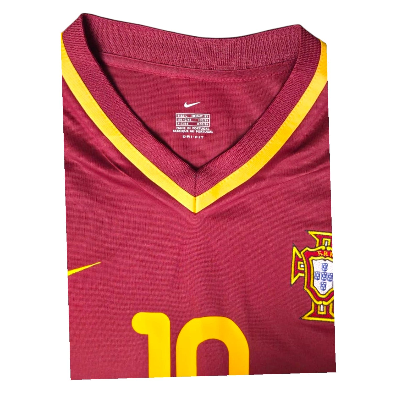 Colletto a V giallo maglia Portogallo 2000 Nike – etichetta taglia L Made in Portugal e stemma FPF