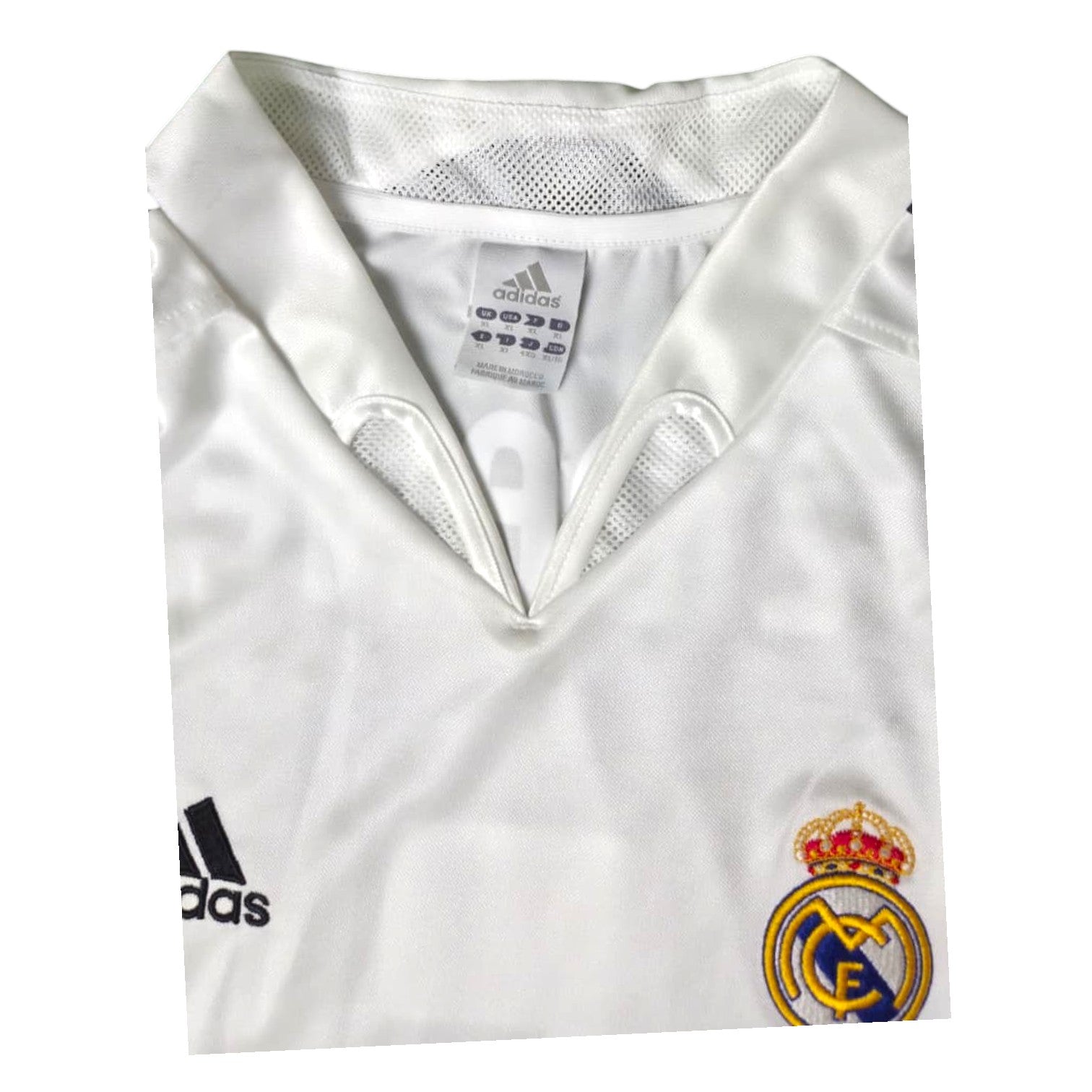 Dettaglio colletto camicia e etichetta taglia XL maglia Real Madrid Home 2004-05 Adidas – stemma ricamato