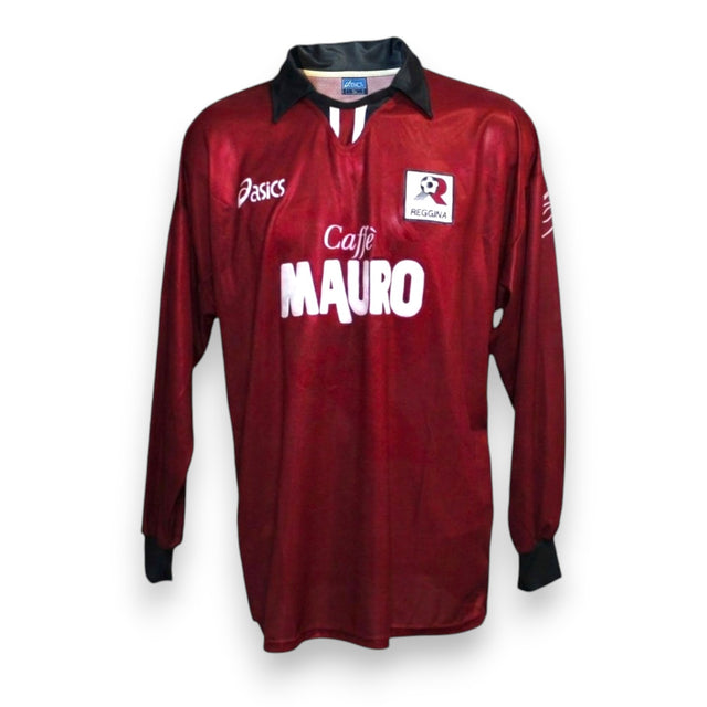 Maglia Reggina Home 1999/2000 Foglio Player Issued autografata fronte – Asics amaranto colletto polo nero sponsor Caffè Mauro manica lunga
