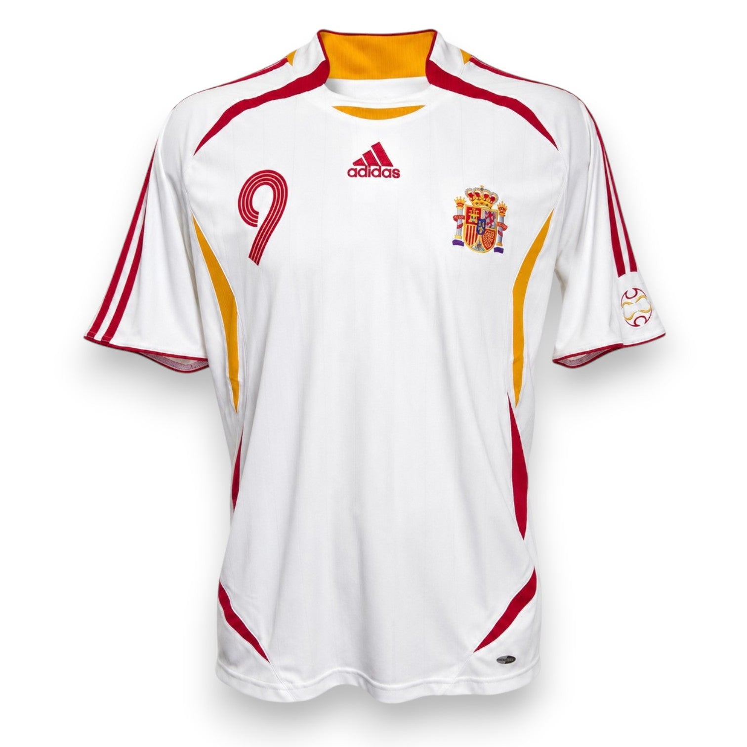 Maglia Spagna Away 2006 Vintage Fernando Torres numero 9 Adidas bianca – stemma RFEF e pannelli rossi gialli