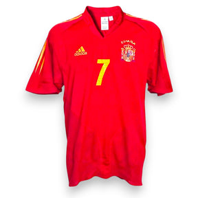 Maglia Spagna Home 2004 Vintage Raúl numero 7 Adidas rossa – stemma ESPAÑA e strisce gialle sulle spalle