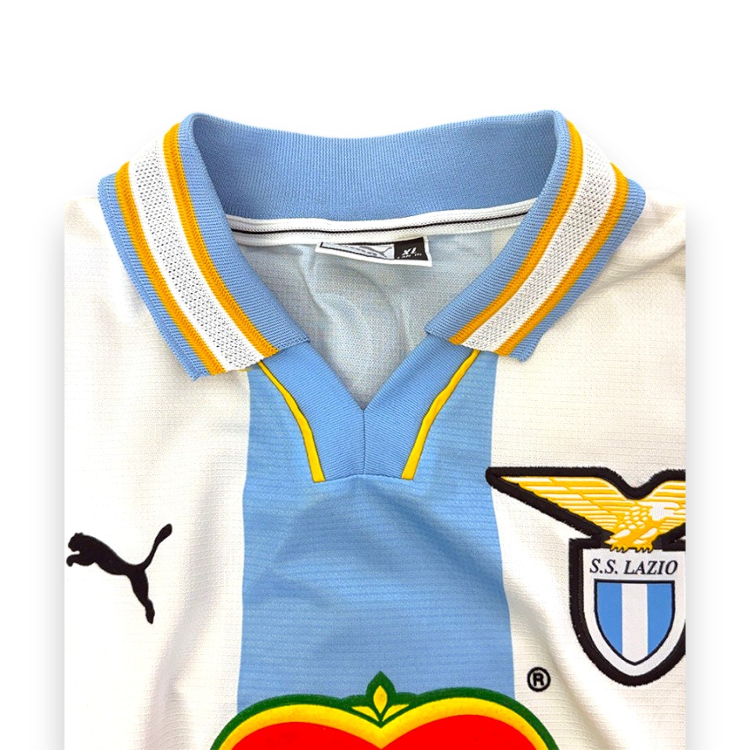 Colletto polo bianco azzurro giallo maglia SS Lazio Home Champions 1999-2000 taglia XL Puma – scudetto aquila biancoceleste – Made in Hungary