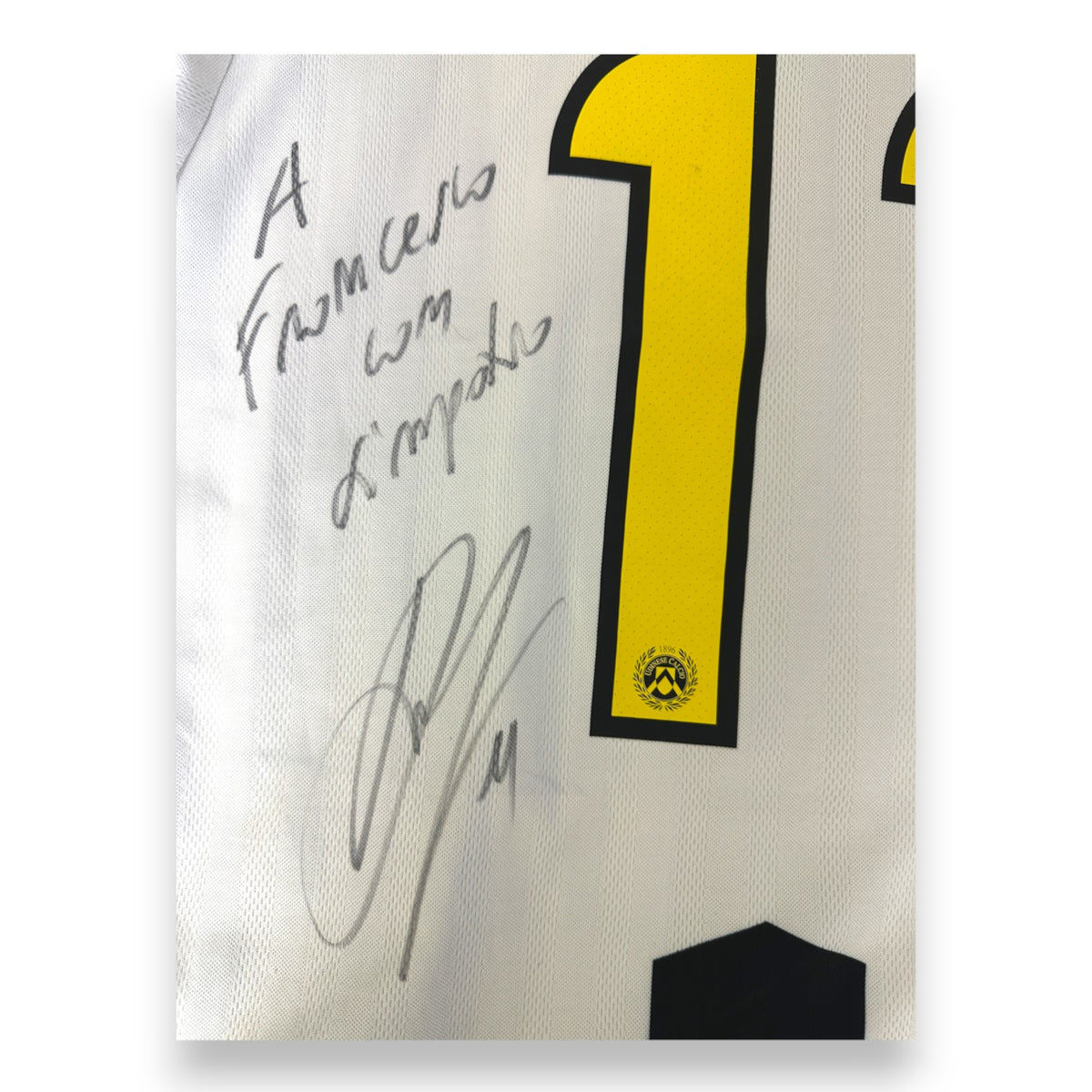 Primo piano dedica personale e autografo originale Maurizio Domizzi su maglia Udinese 2013-14