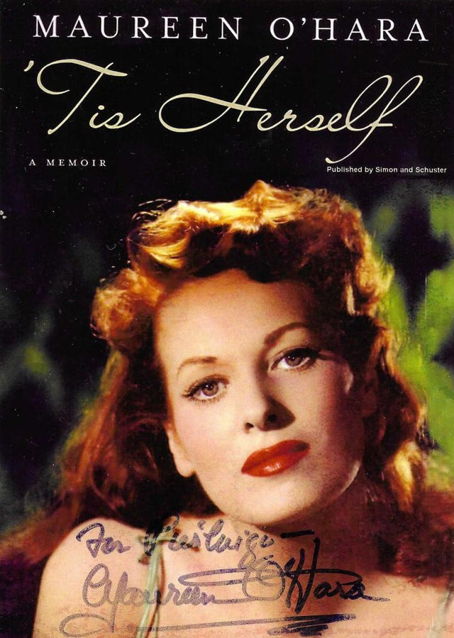 Fotografia autografata Maureen O'Hara copertina memoir Tis Herself – dedica originale con firma – 18x13,1 cm – condizioni Excellent
