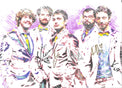 Fotografia autografata Lo Stato Sociale illustrazione artistica a tratto colorato – firme originali di tutti i componenti della band pennarelli multicolore – 29,6x21 cm – condizioni Excellent