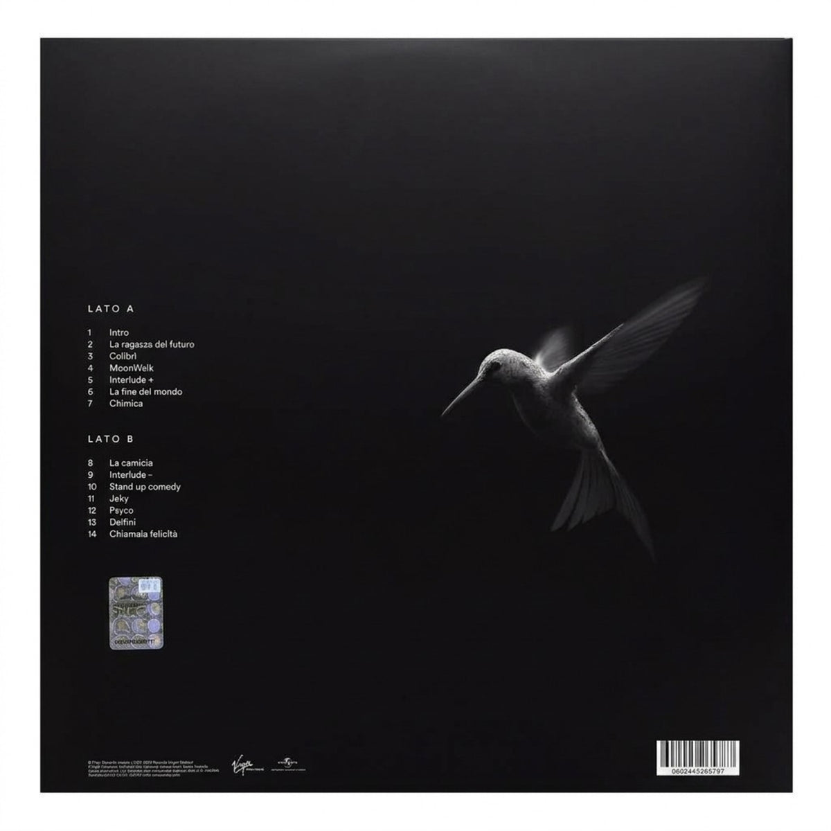 Retro vinile La Ragazza del Futuro di Cesare Cremonini con colibrì e tracklist lato A e lato B